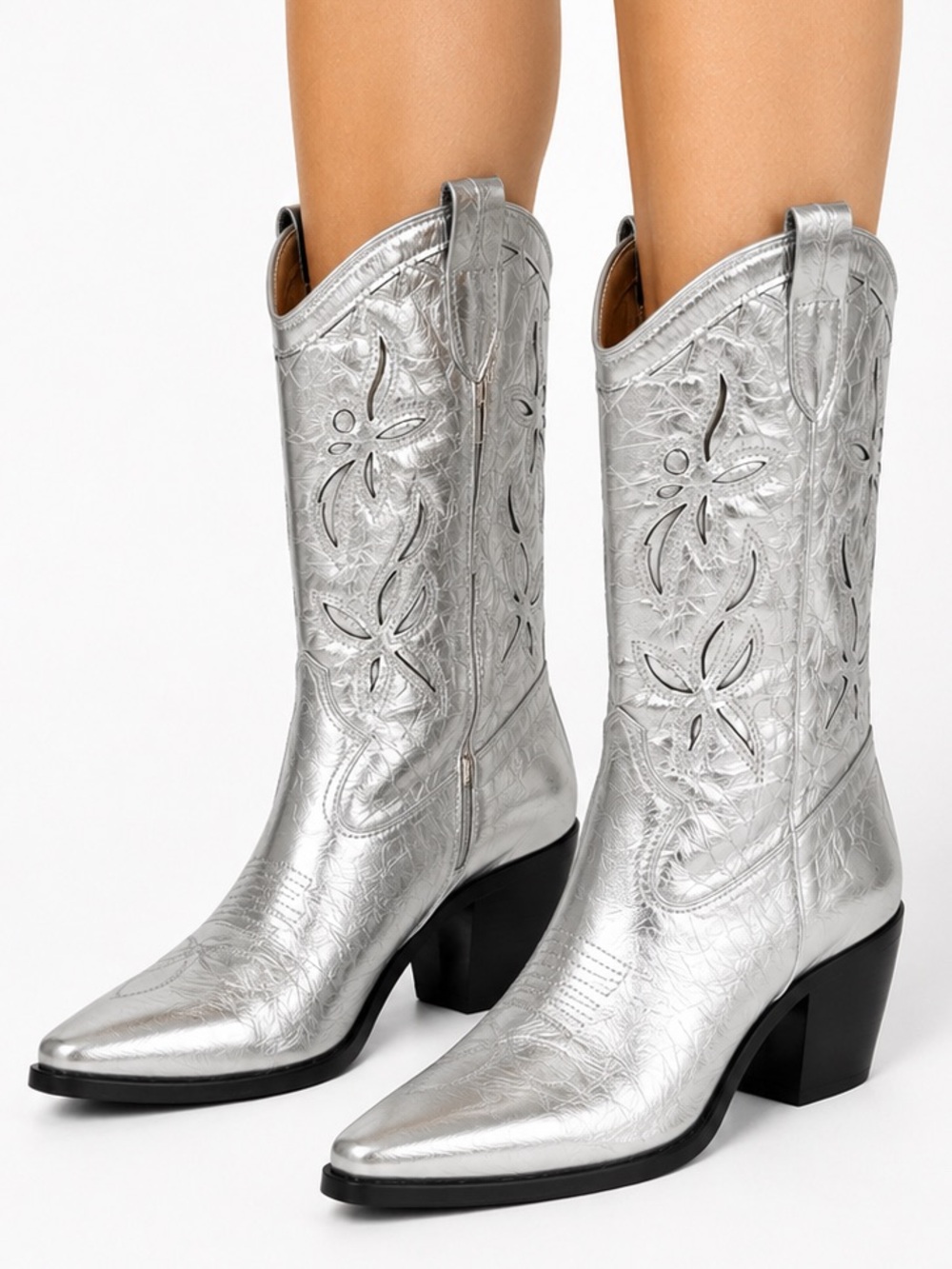 Vince Camuto Alisah Silver Metallic Leather Western Cowboy Boots Women's 9 EU40